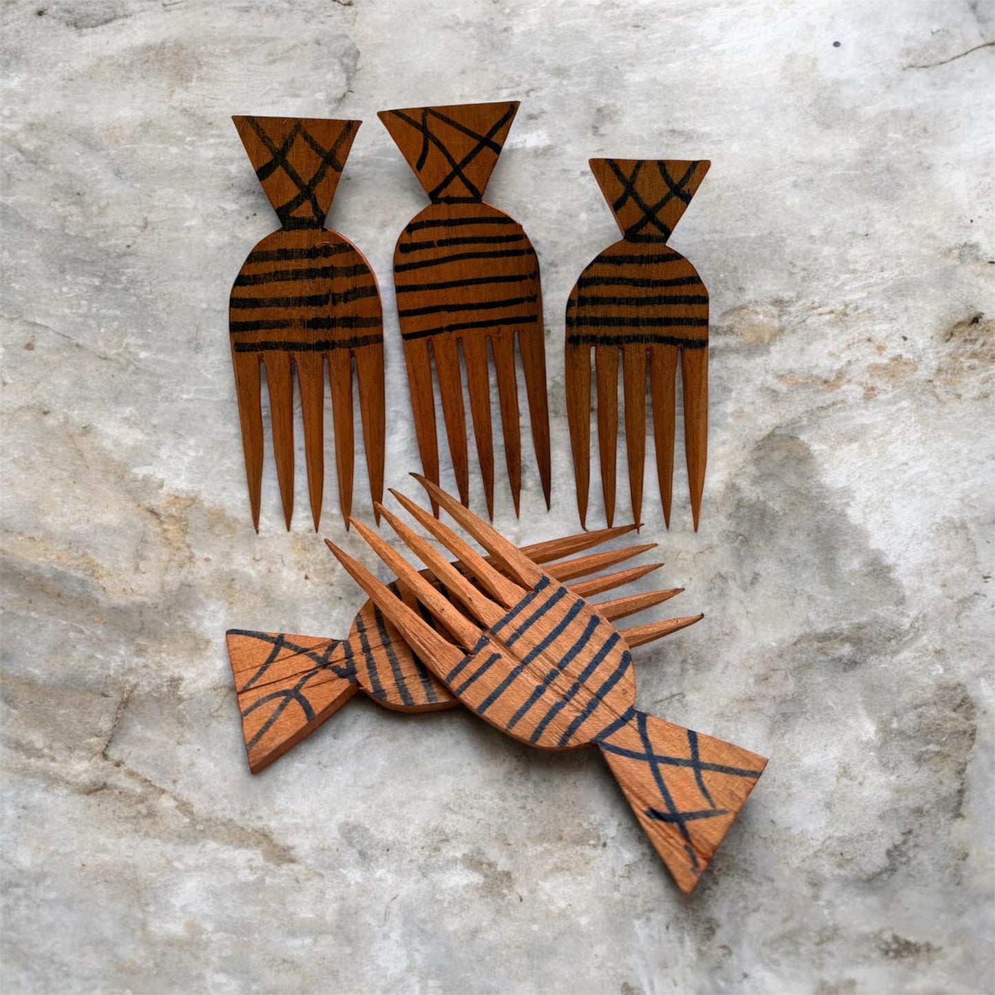 Hand Carved  Wooden Afro Hair Pick Comb Tribal Hair Pattern
