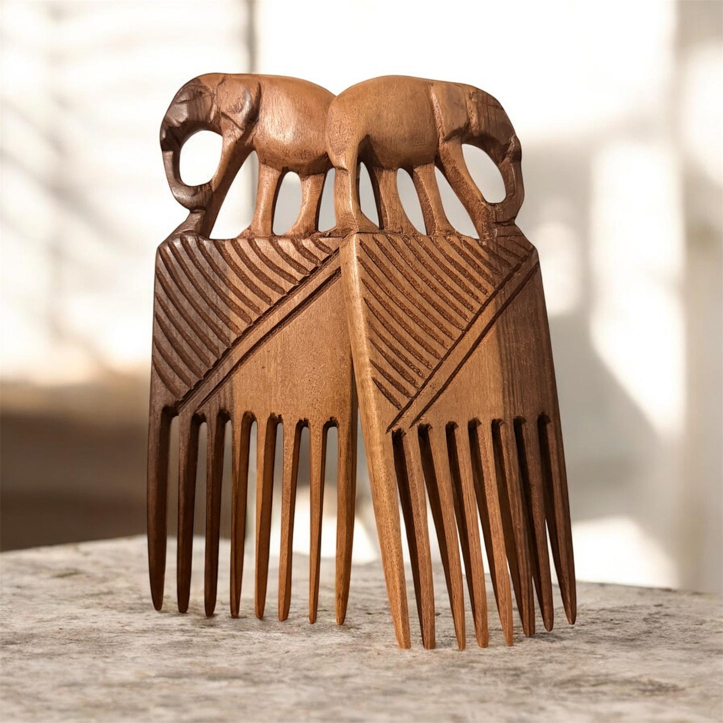 Elephant Motif Tribal Wooden Hair Comb