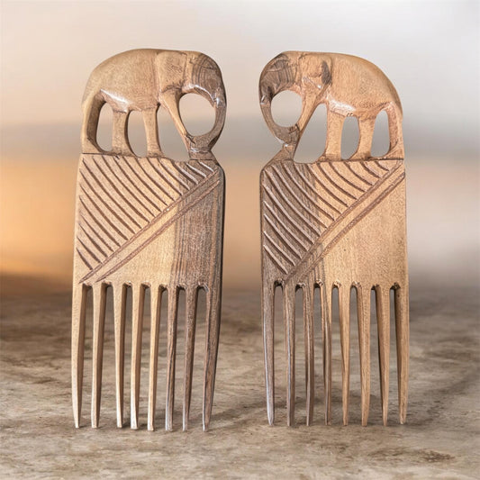 Elephant Motif Tribal Wooden Hair Comb